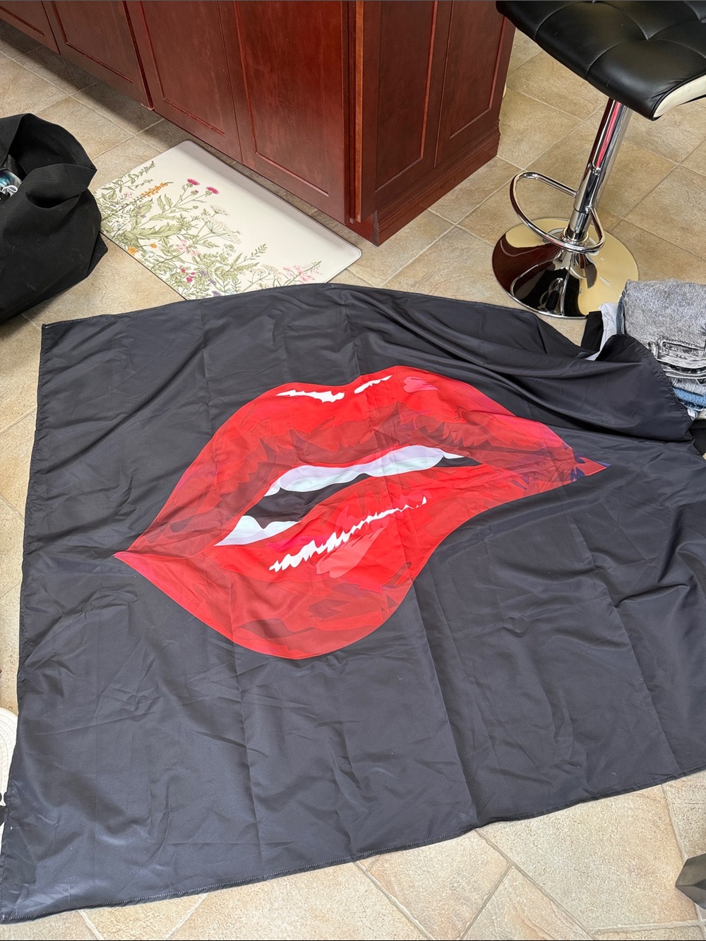 Black Tapestry with Red Lip Graphic Wall Art